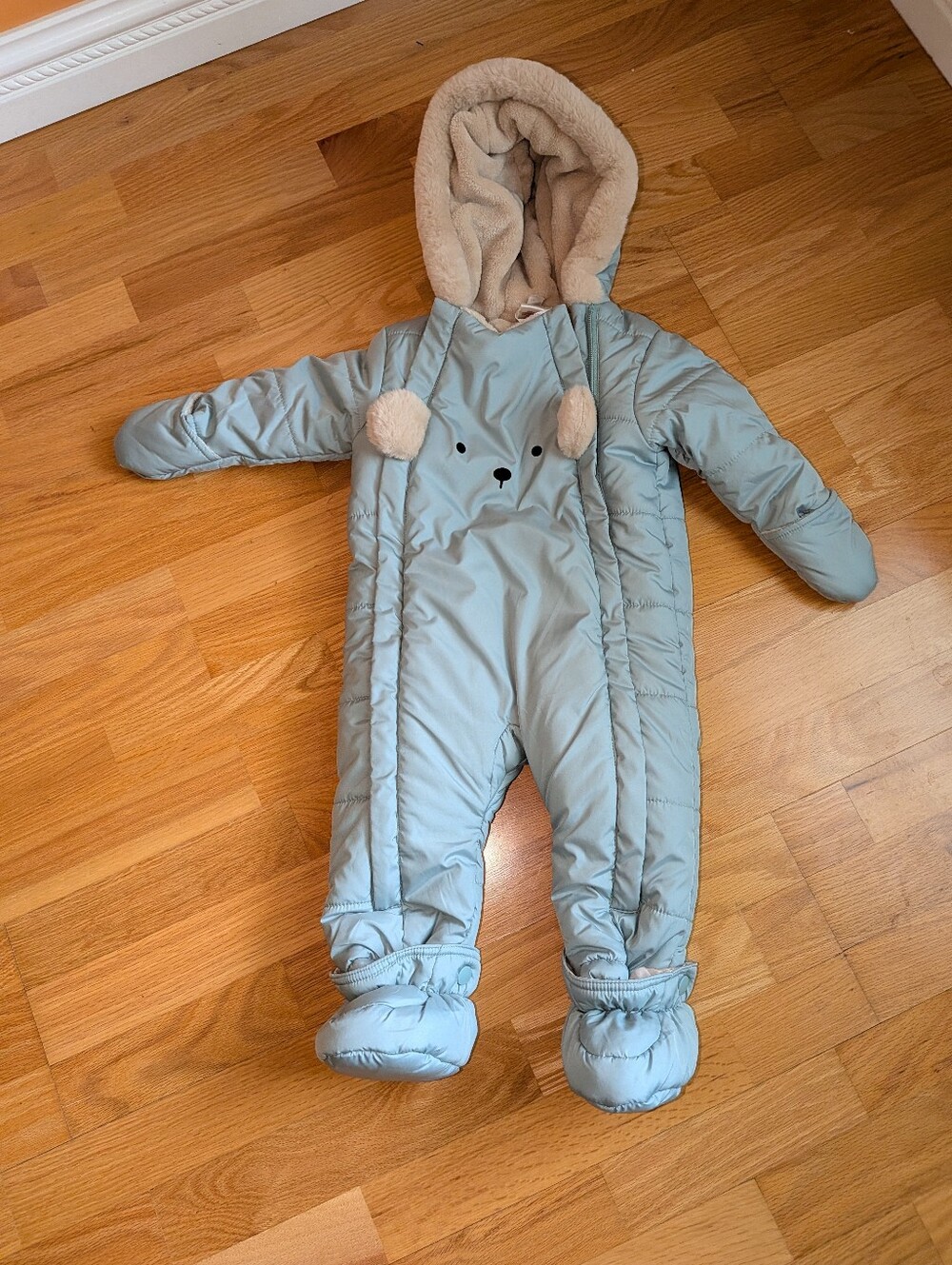 NEW FIRST WISH Light Green Baby Cozy Hooded Snowsuit with Bear Face Size 9/12M